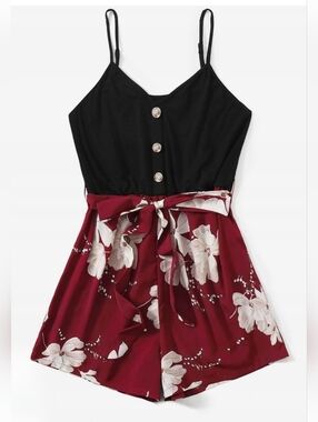 SHEIN 1X Black & Burgundy Floral Shorts Romper 3664-CR